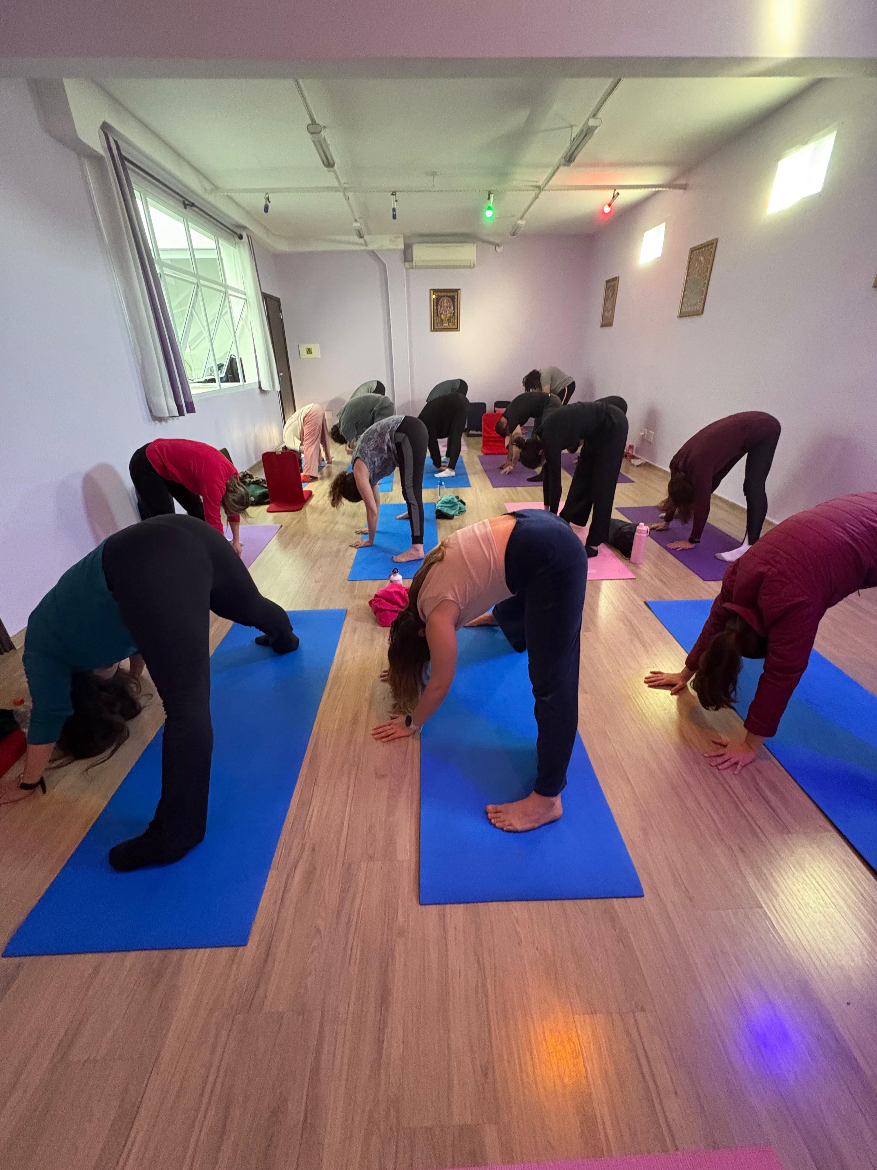 Turma de alunos em aula de yoga em grupo